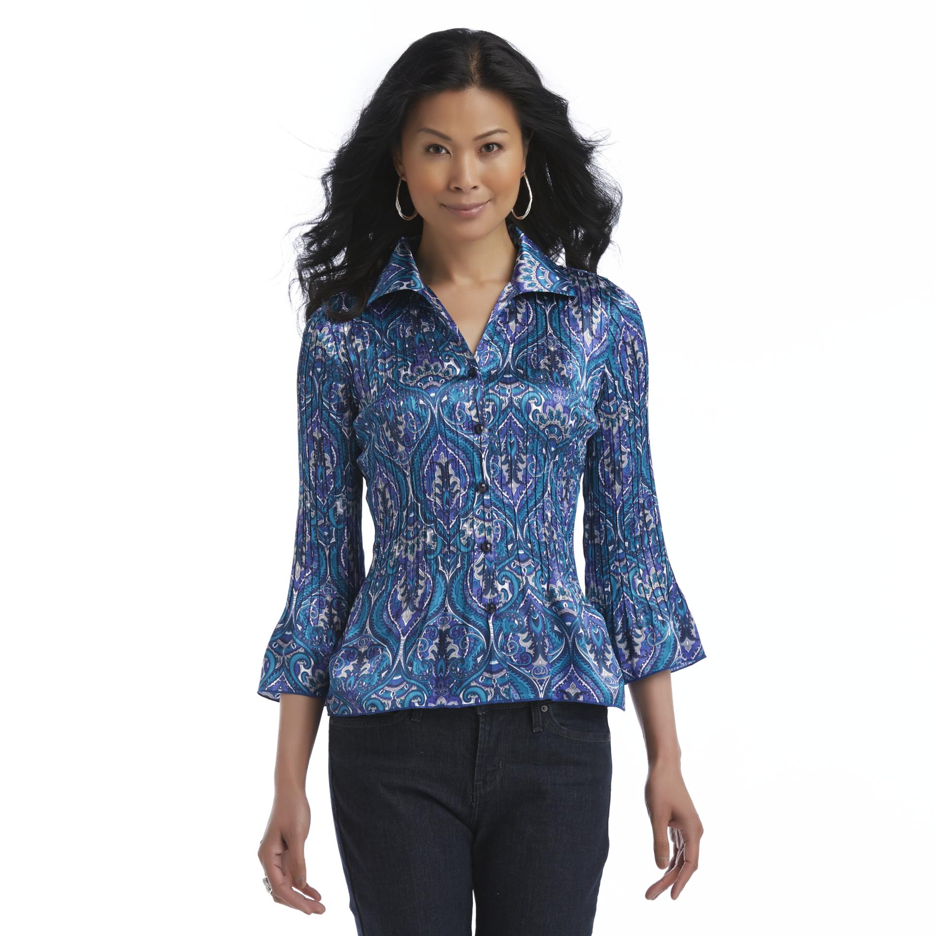Jaclyn Smith Women's Accordion Pleated Satin Blouse - Floral
