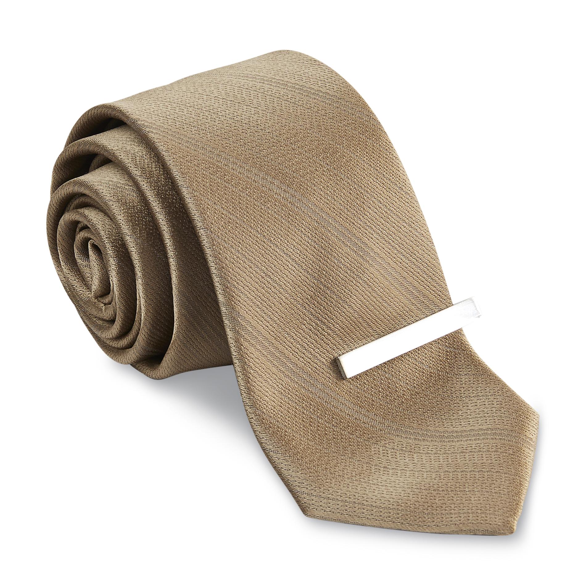 Structure Men's Narrow Necktie & Silvertone Tie Clip - Striped
