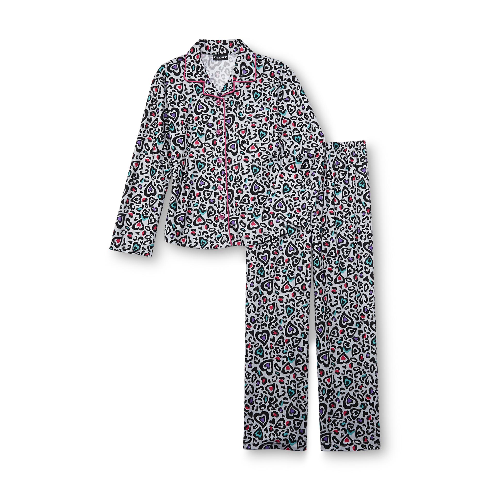Joe Boxer Girl's Flannel Pajamas - Leopard Print & Hearts