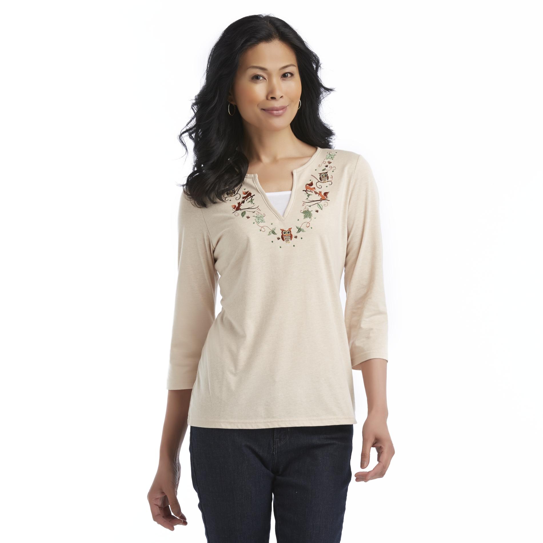 Basic Editions Women's Layered-Look Top - Owls & Squirrels