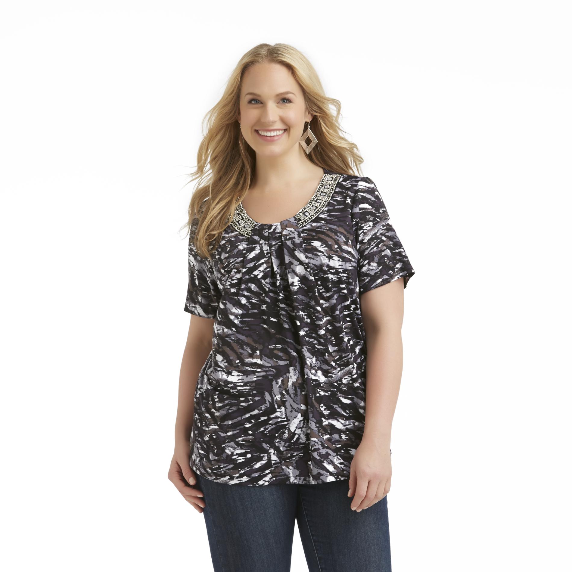 Jaclyn Smith Women's Plus Embellished Scoop Neck Shirt