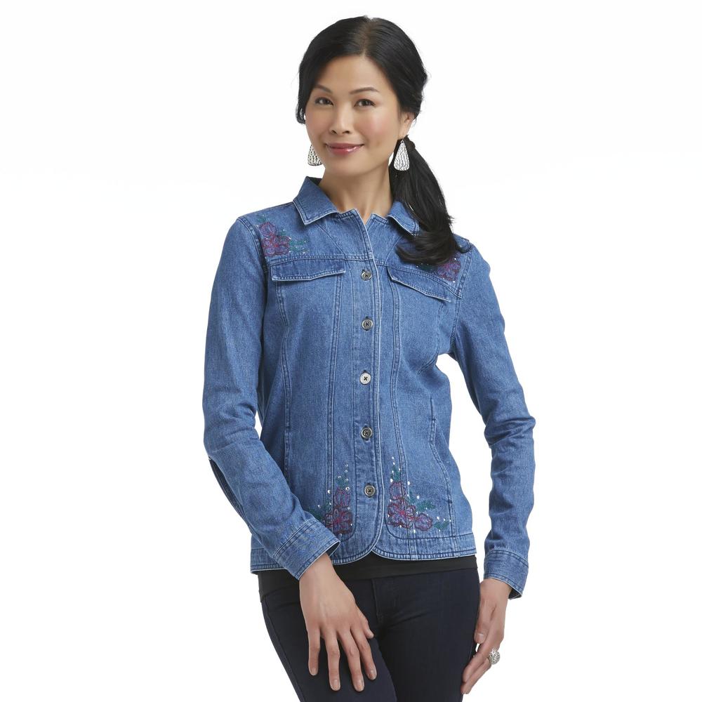 Basic Editions Women's Denim Shirt Jacket - Floral Embroidery