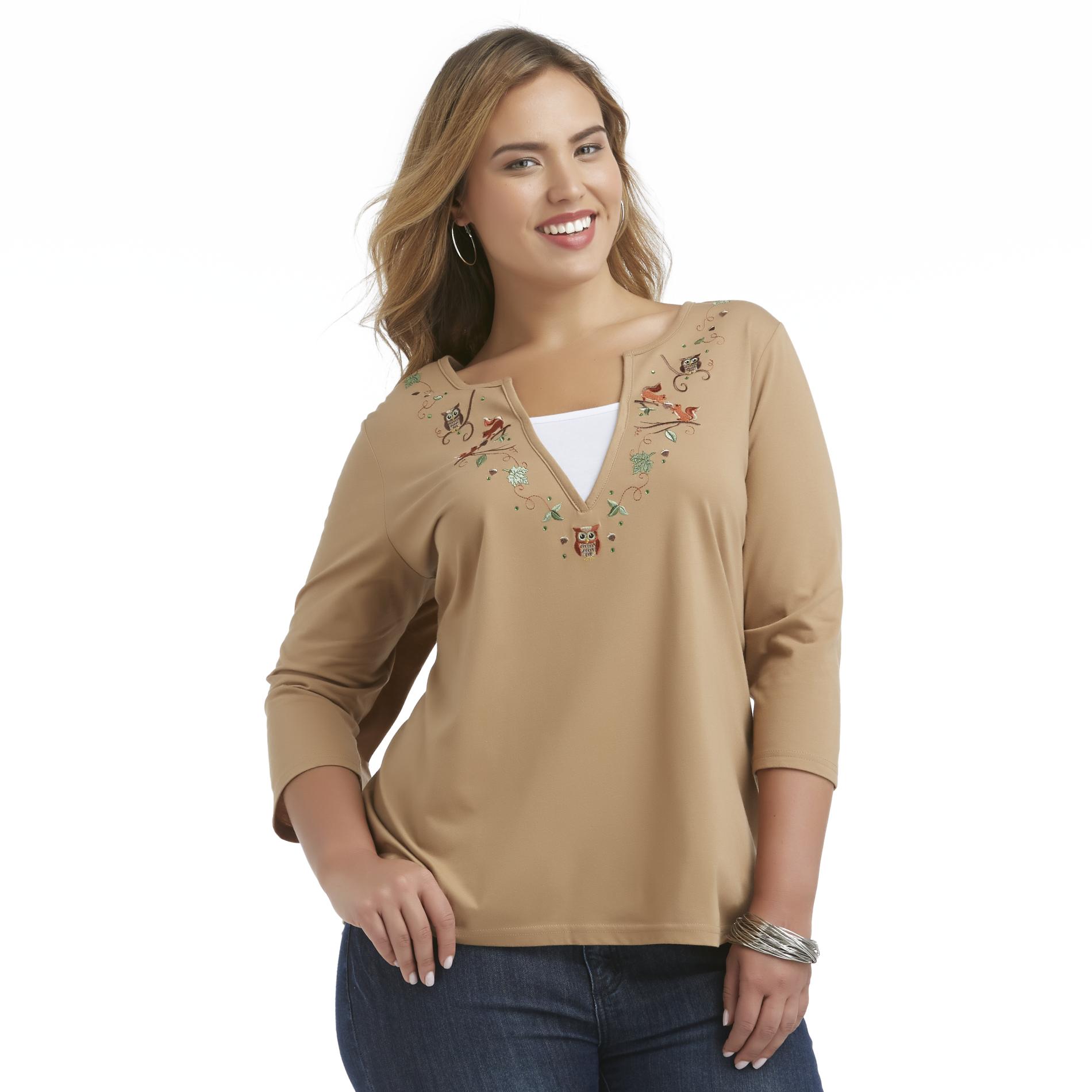 Basic Editions Women's Plus Embroidered Split Neck Top - Owls