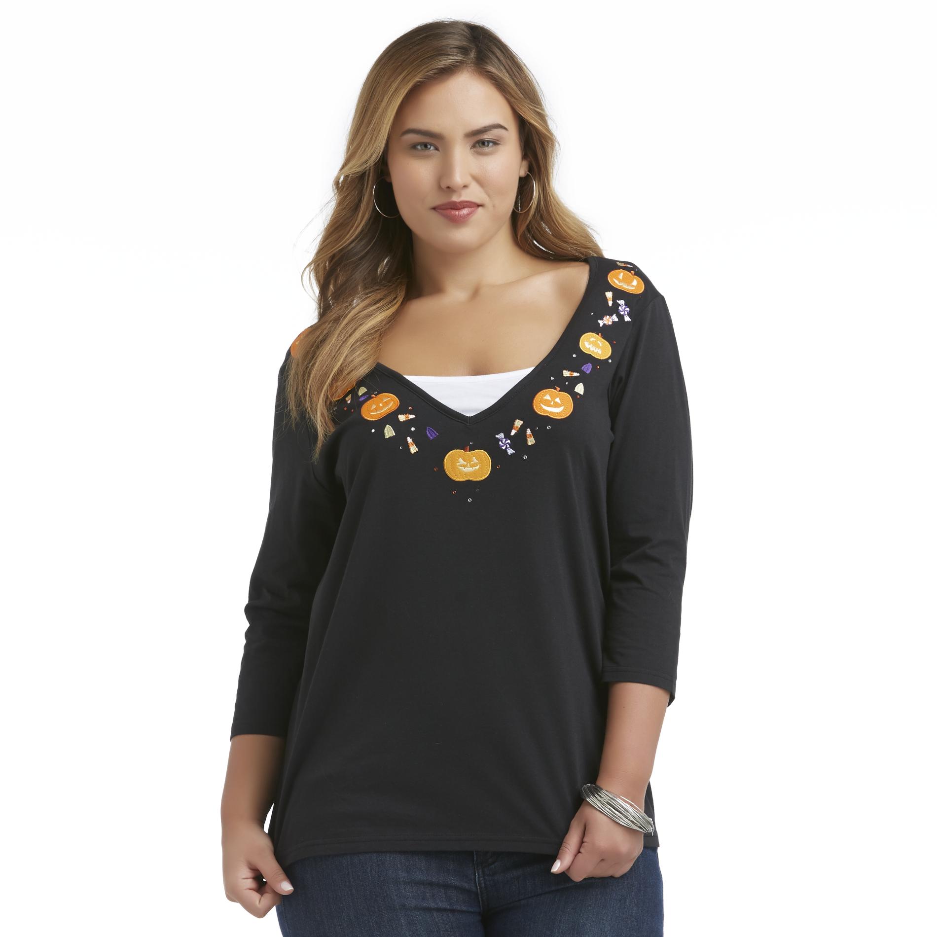 Holiday Editions Women's Plus Halloween Embroidered Top