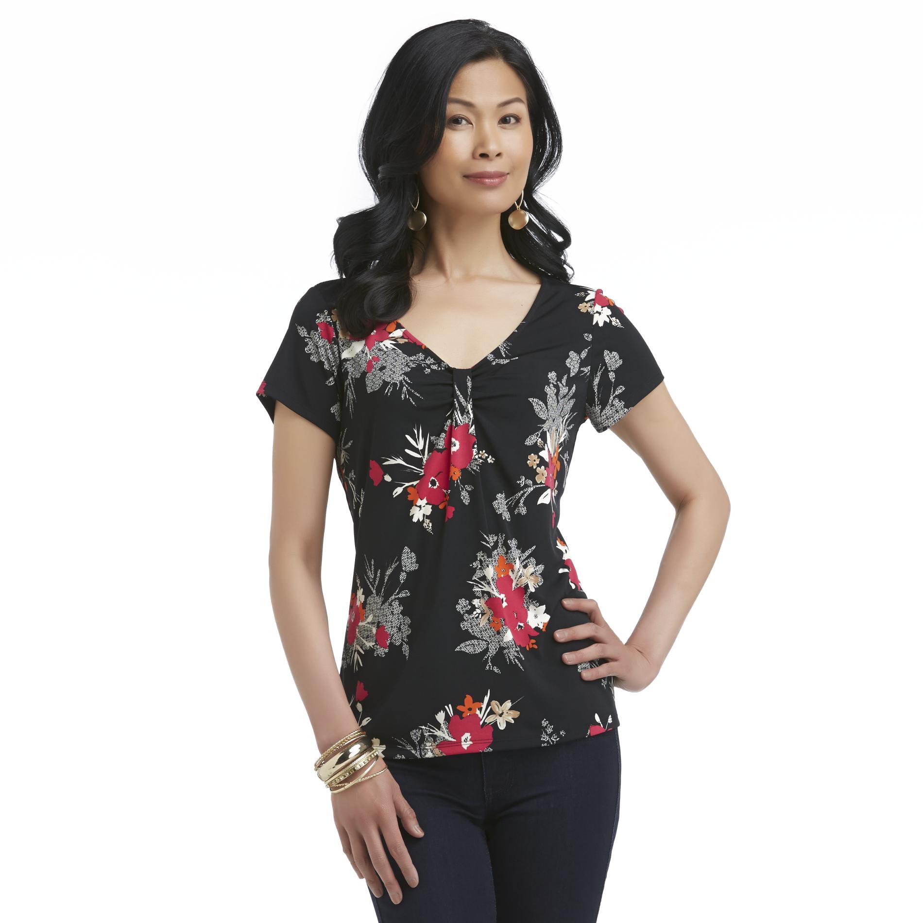 Jaclyn Smith Women's Gathered V-Neck Top - Floral Print