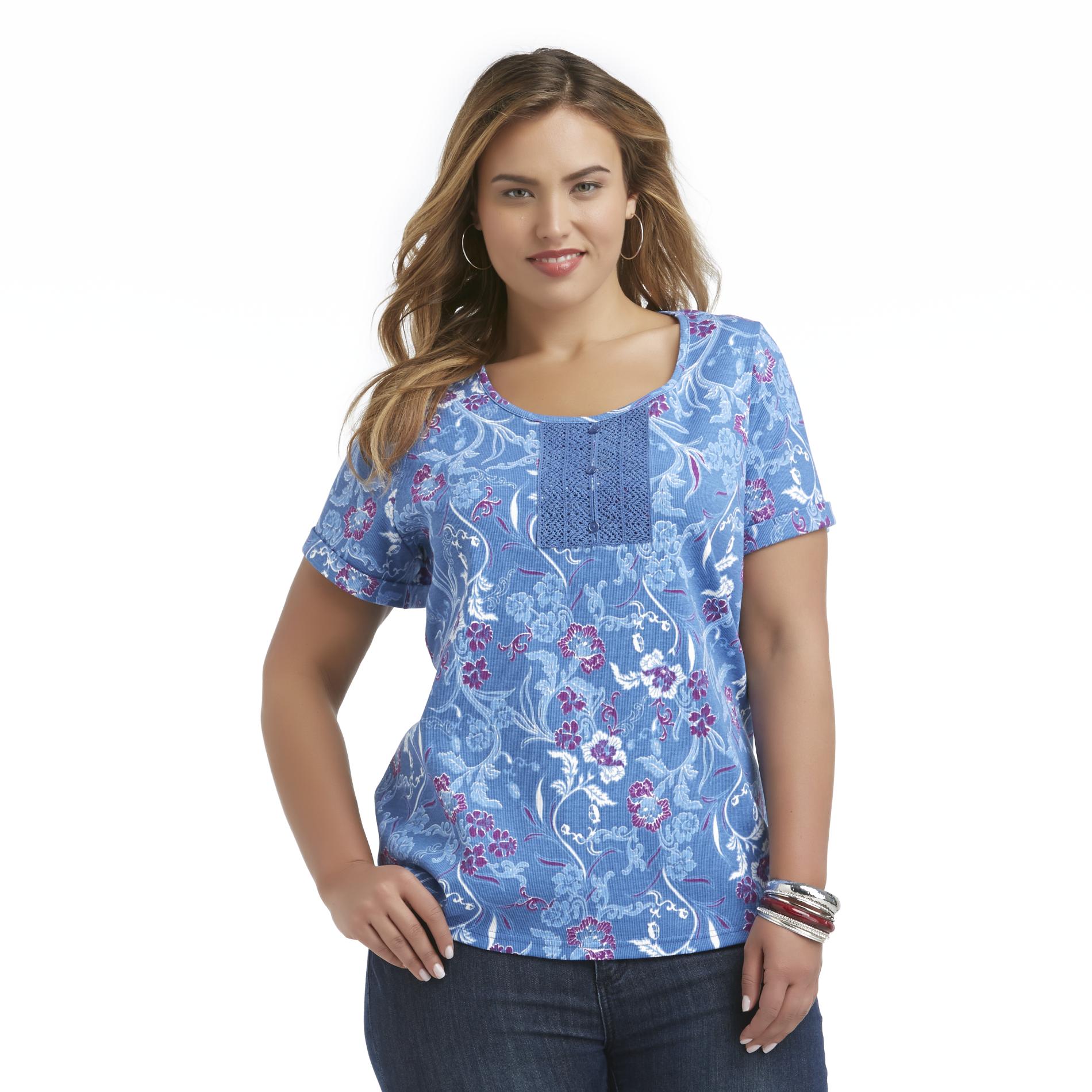 Basic Editions Women's Plus Crochet Henley Shirt - Floral