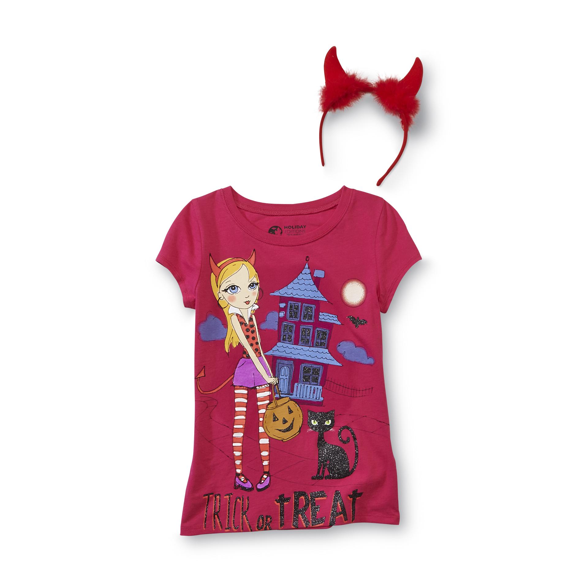 Holiday Editions Girl's Graphic T-Shirt & Horns Headband - Trick Or Treat
