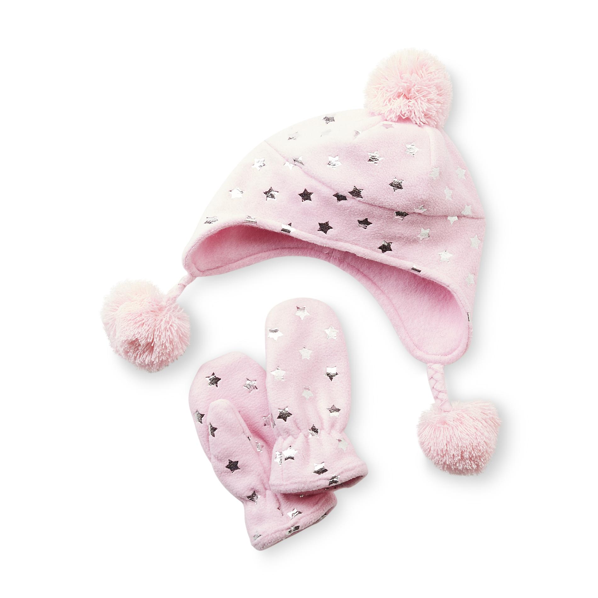WonderKids Infant & Toddler Girl's Fleece Earflap Hat & Mittens - Star