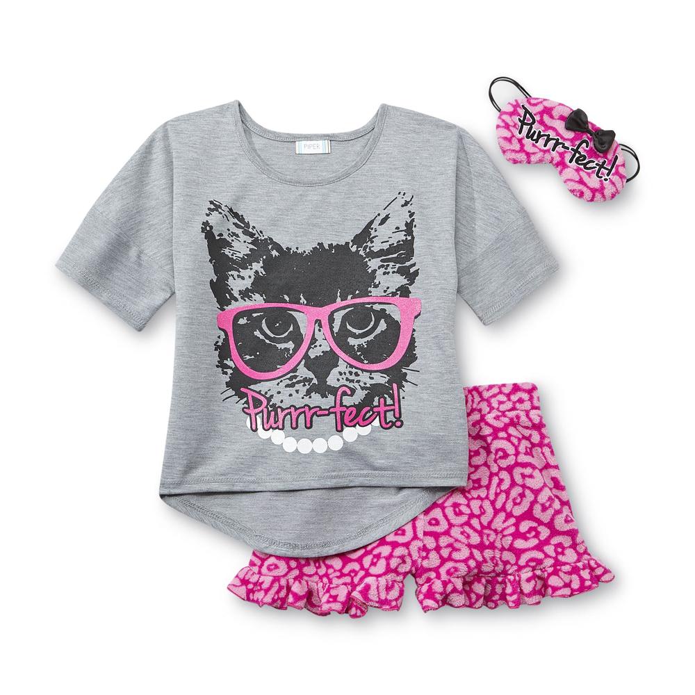 Piper Girl's Pajama Top  Shorts & Eye Mask - Cat