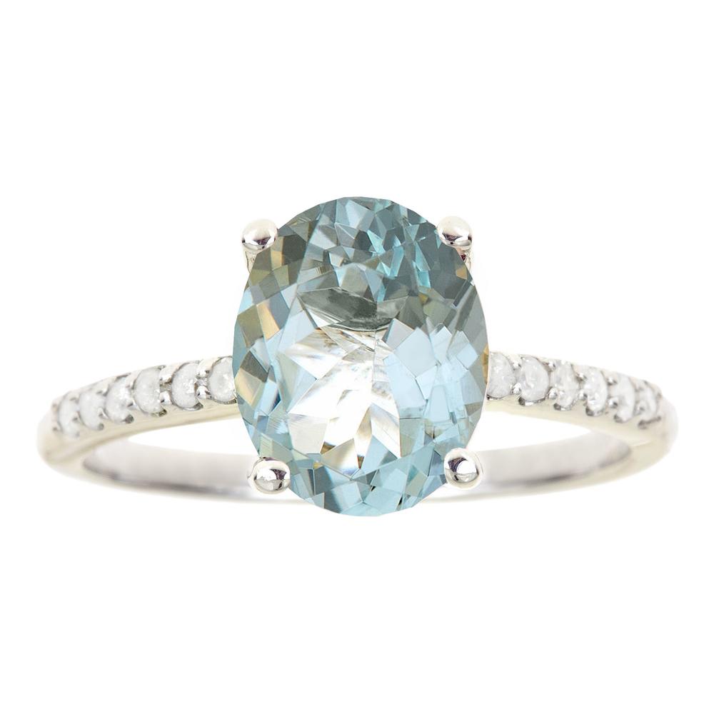 Sterling silver 10x8mm oval aquamarine with 1/6 cttw diamond ring