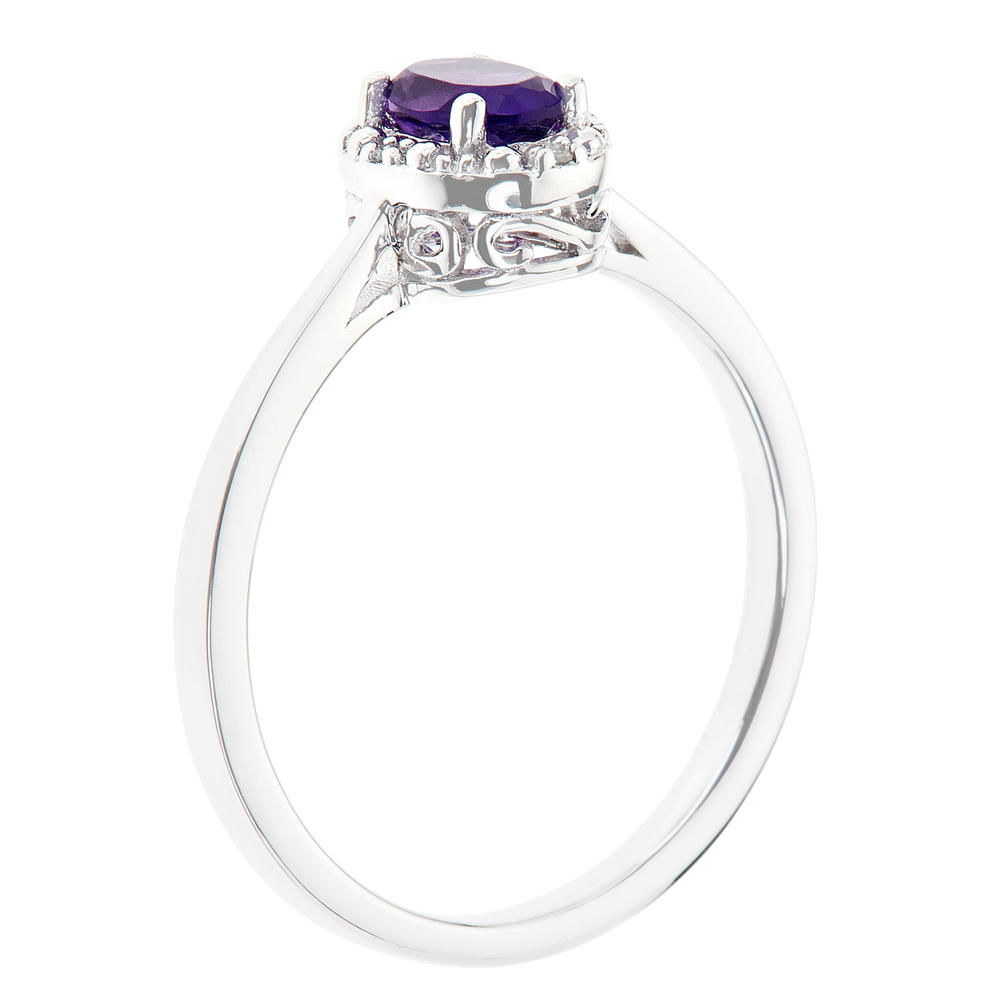 Sterling silver 6x4mm oval amethyst with diamond accent ring