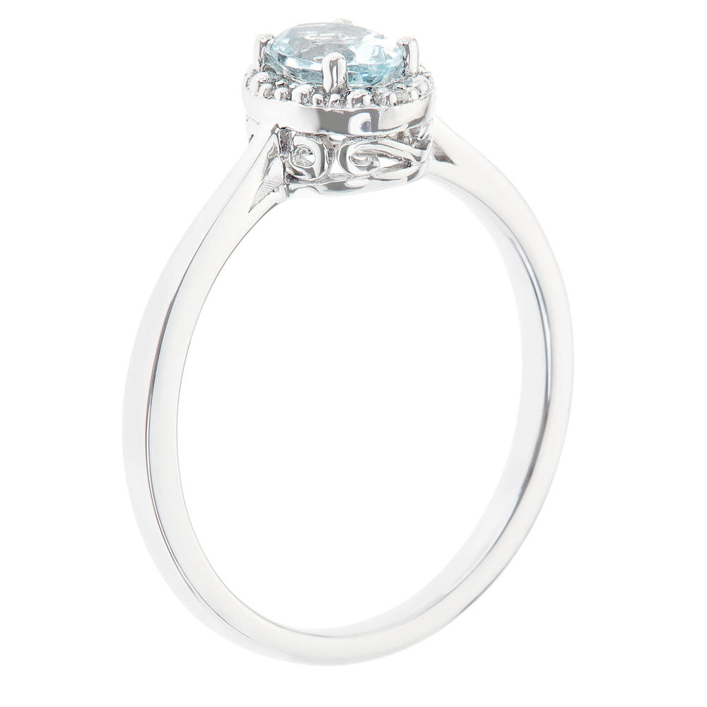 Sterling silver 6x4mm oval aquamarine with diamond accent ring