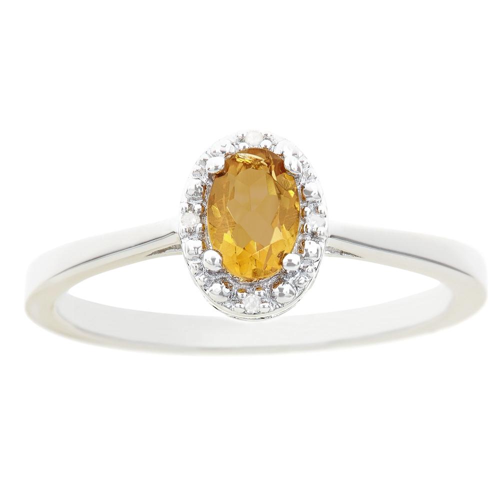 Sterling silver 6x4mm oval citrine with diamond accent ring