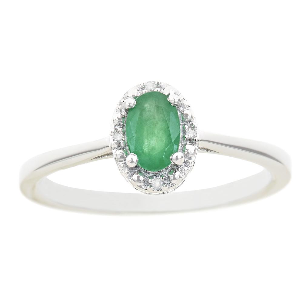 Sterling silver 6x4mm oval emerald with diamond accent ring