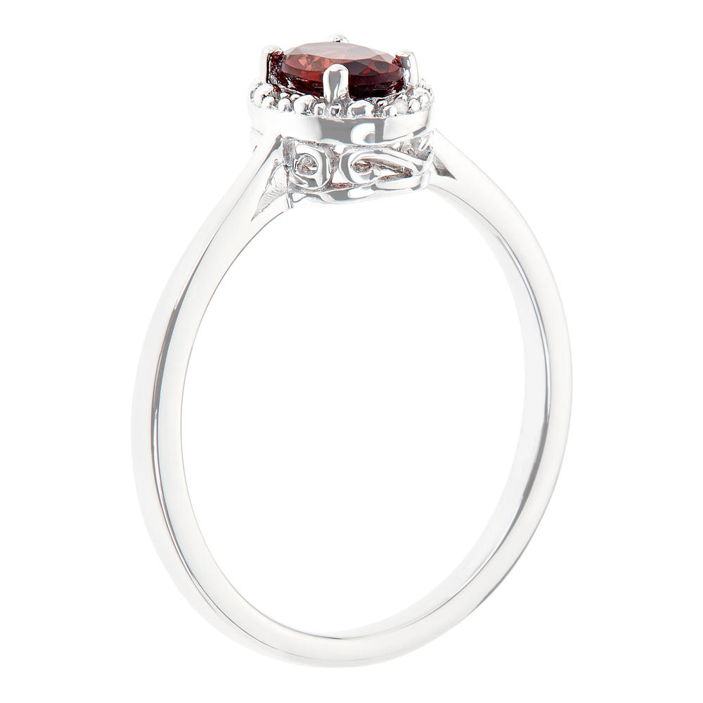 Sterling silver 6x4mm oval garnet with diamond accent ring