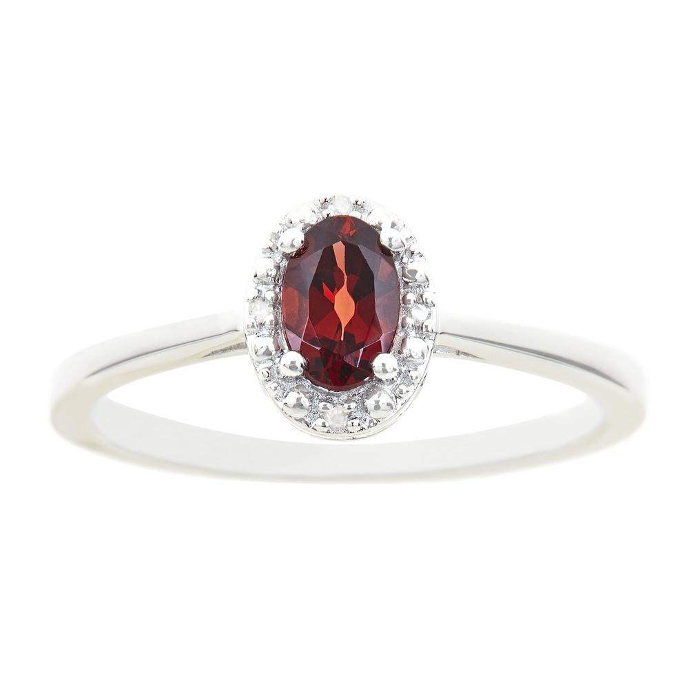 Sterling silver 6x4mm oval garnet with diamond accent ring