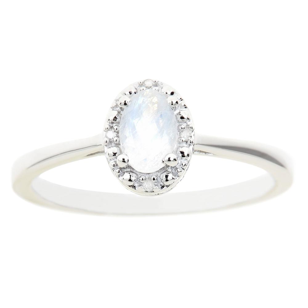 Sterling silver 6x4mm oval moonstone with diamond accent ring
