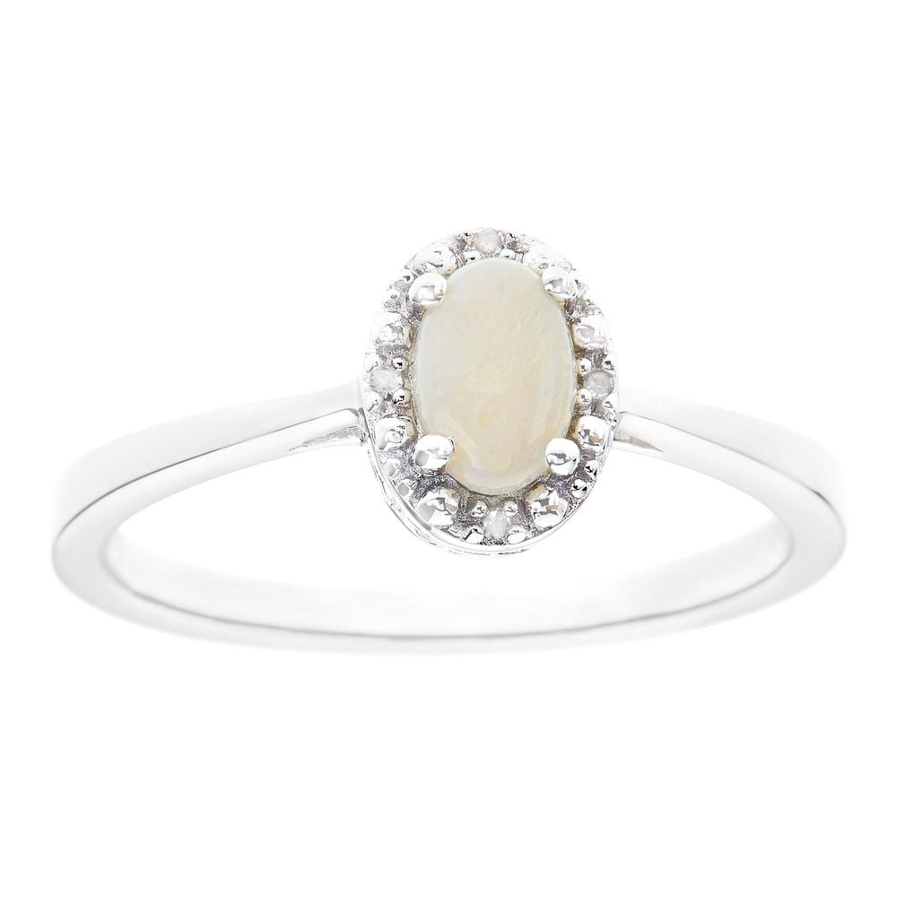 Sterling silver 6x4mm oval opal with diamond accent ring