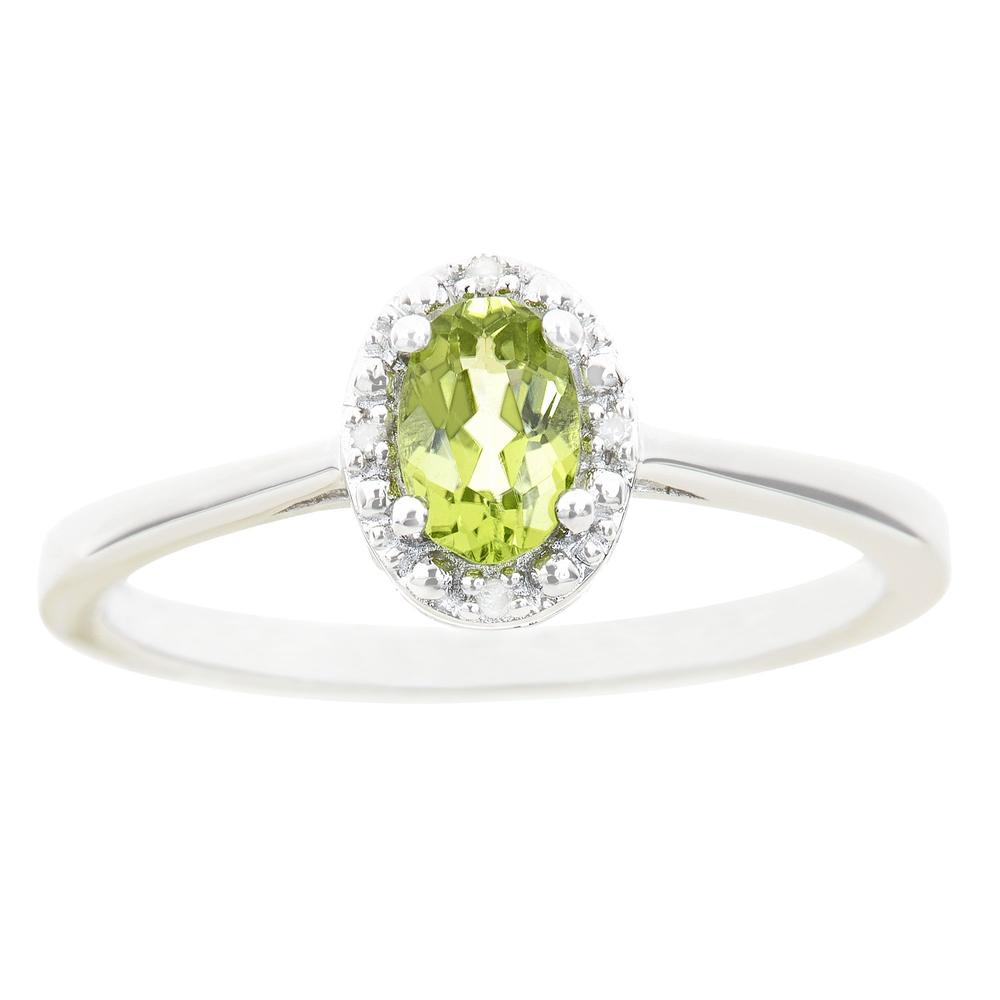 Sterling silver 6x4mm oval peridot with diamond accent ring