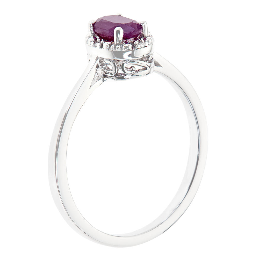 Sterling silver 6x4mm oval ruby with diamond accent ring
