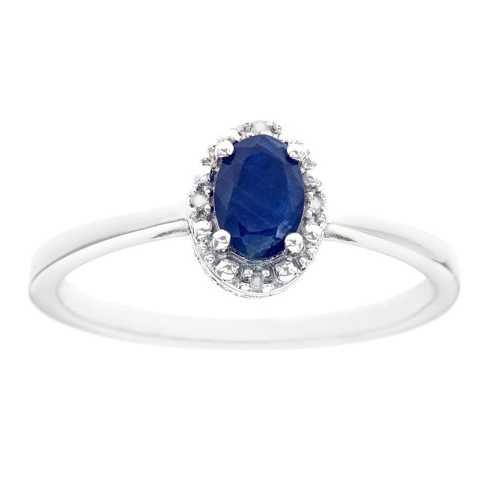 Sterling silver 6x4mm oval sapphire with diamond accent ring