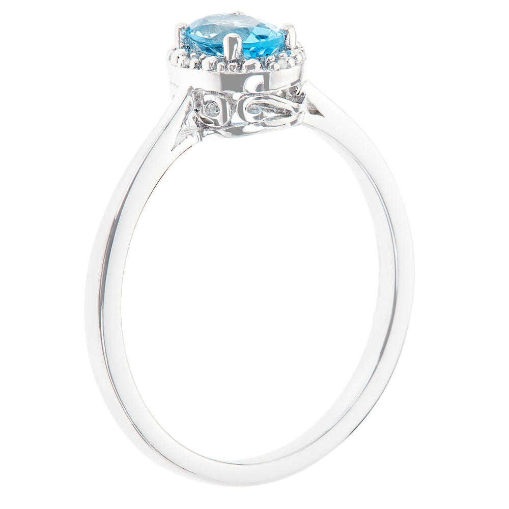 Sterling silver 6x4mm oval blue topaz with diamond accent ring