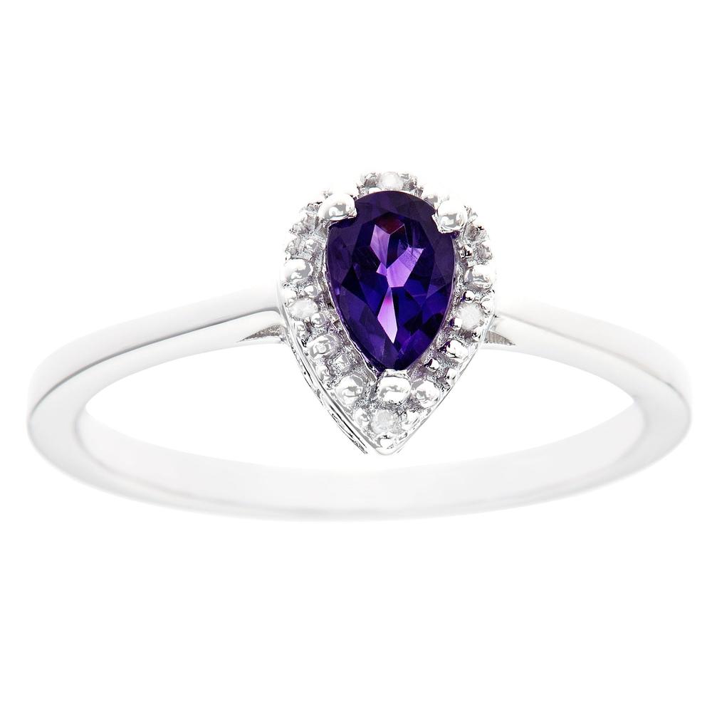 Sterling silver 6x4mm pear shaped amethyst with diamond accent ring