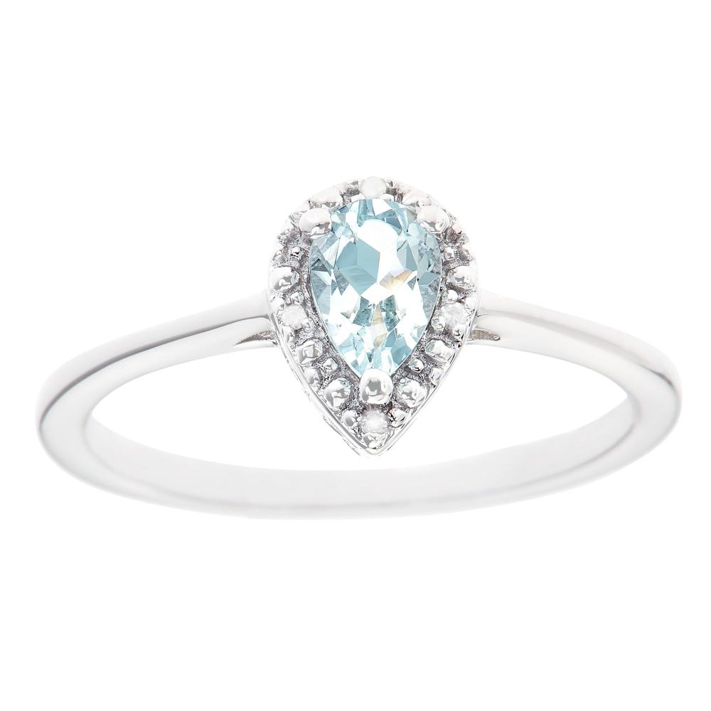 Sterling silver 6x4mm pear shaped aquamarine with diamond accent ring