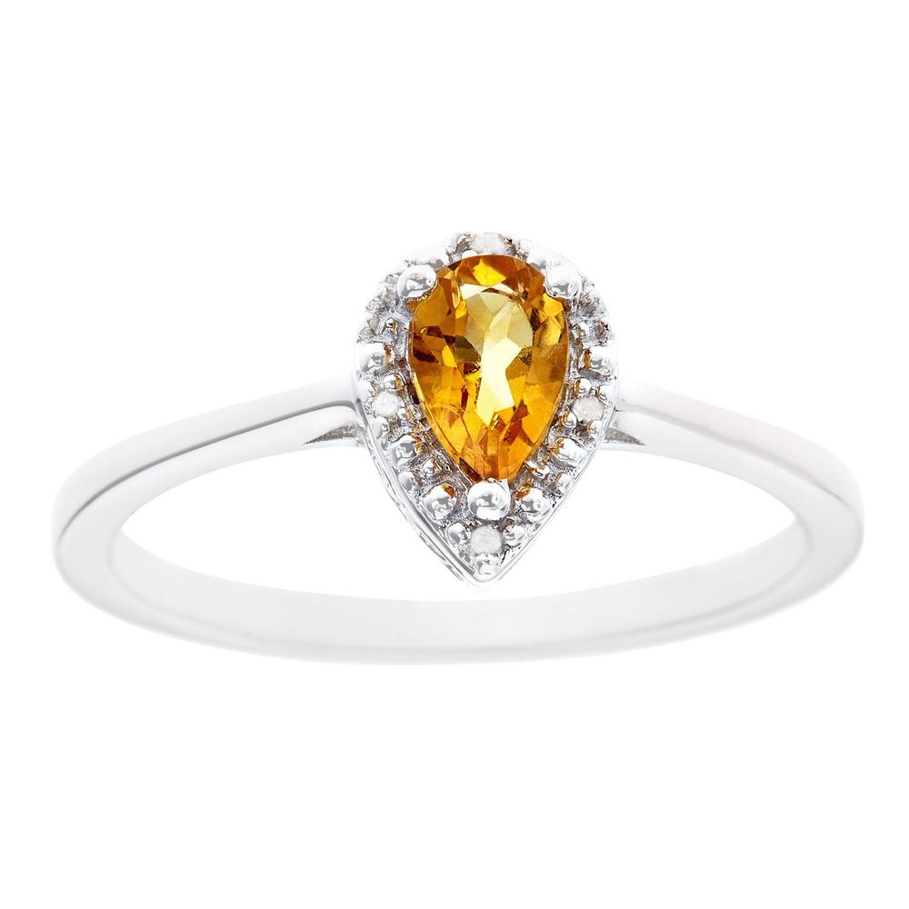 Sterling silver 6x4mm pear shaped citrine with diamond accent ring