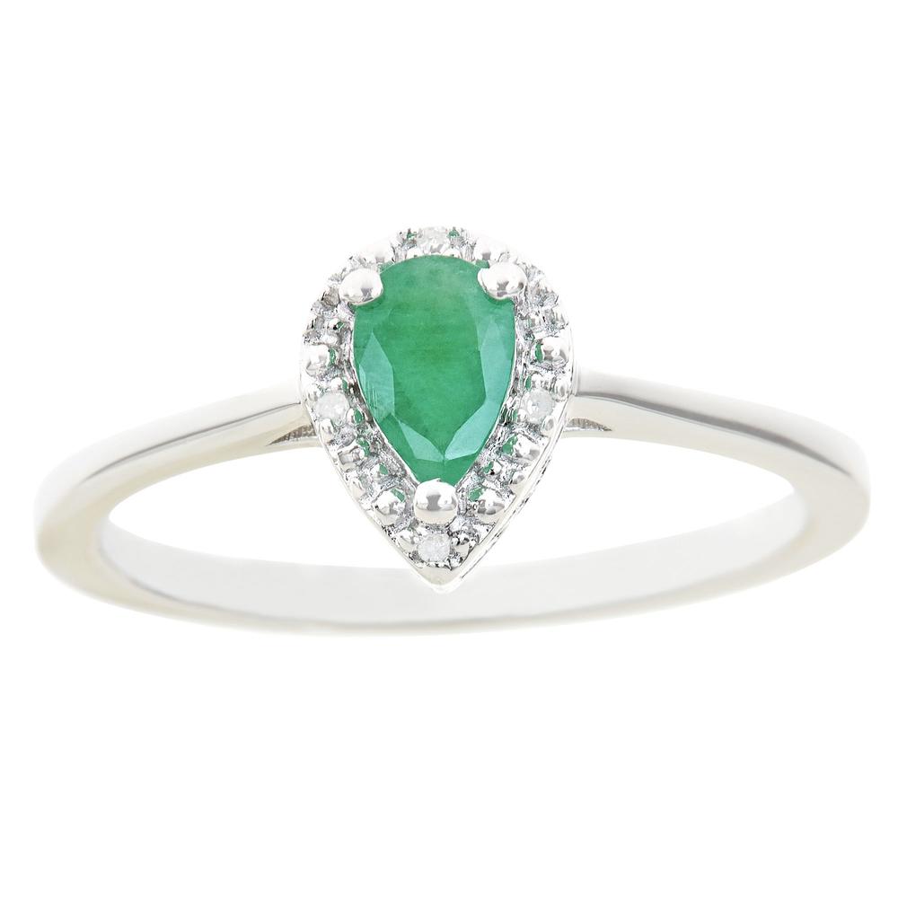 Sterling silver 6x4mm pear shaped emerald with diamond accent ring