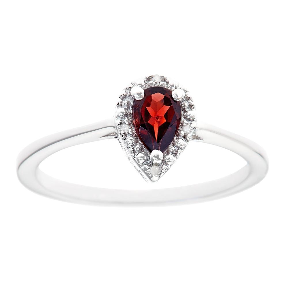 Sterling silver 6x4mm pear shaped garnet with diamond accent ring
