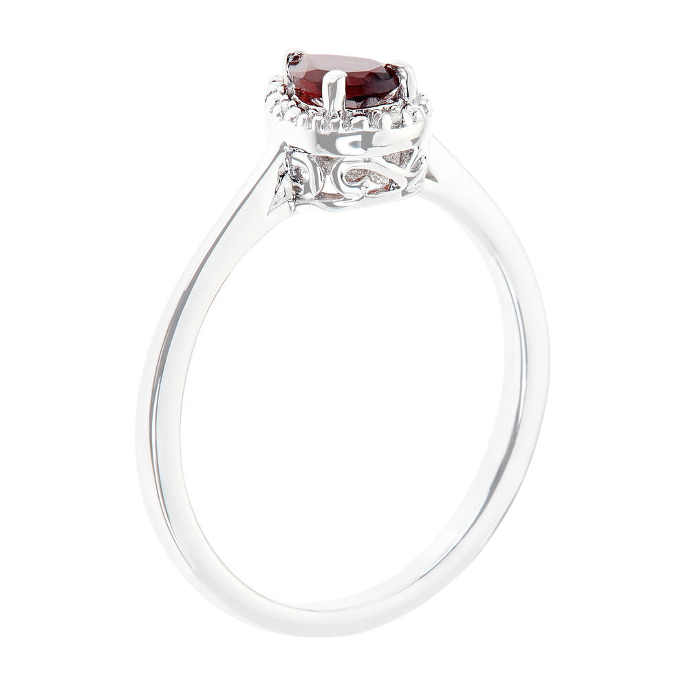 Sterling silver 6x4mm pear shaped garnet with diamond accent ring