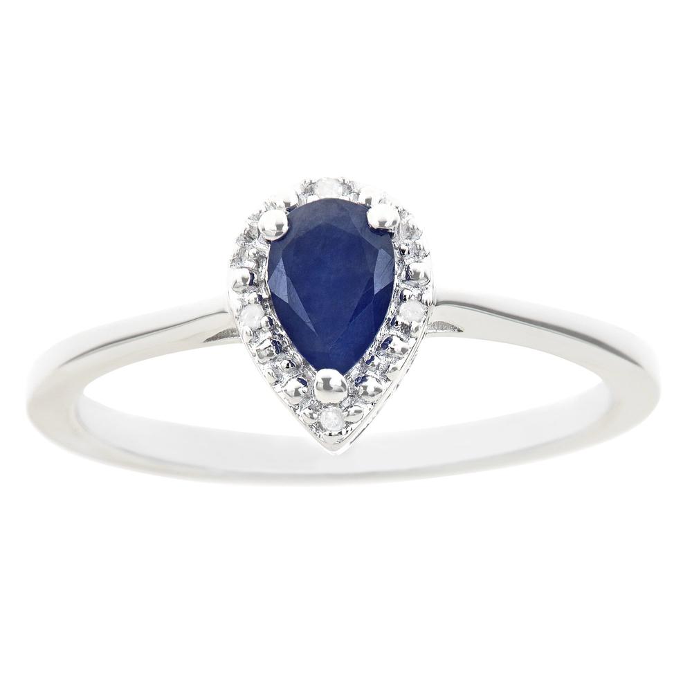 Sterling silver 6x4mm pear shaped sapphire with diamond accent ring