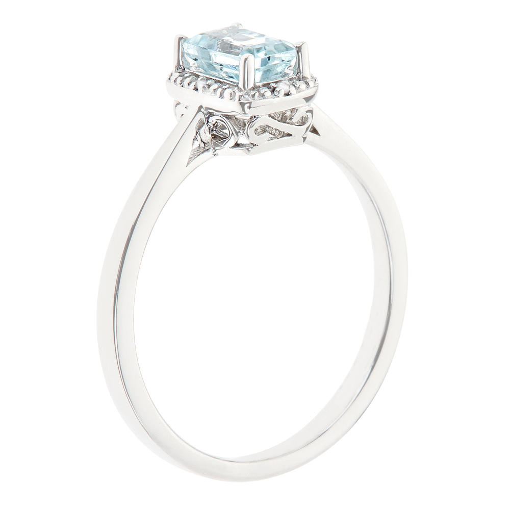 Sterling silver 6x4mm emerald cut aquamarine with diamond accent ring