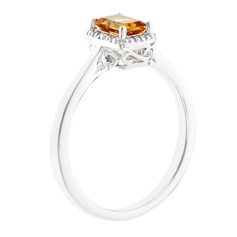Sterling silver 6x4mm emerald cut citrine with diamond accent ring