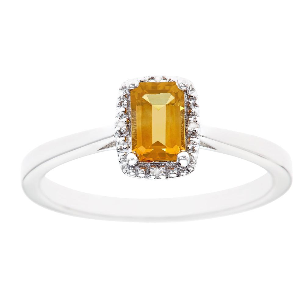Sterling silver 6x4mm emerald cut citrine with diamond accent ring