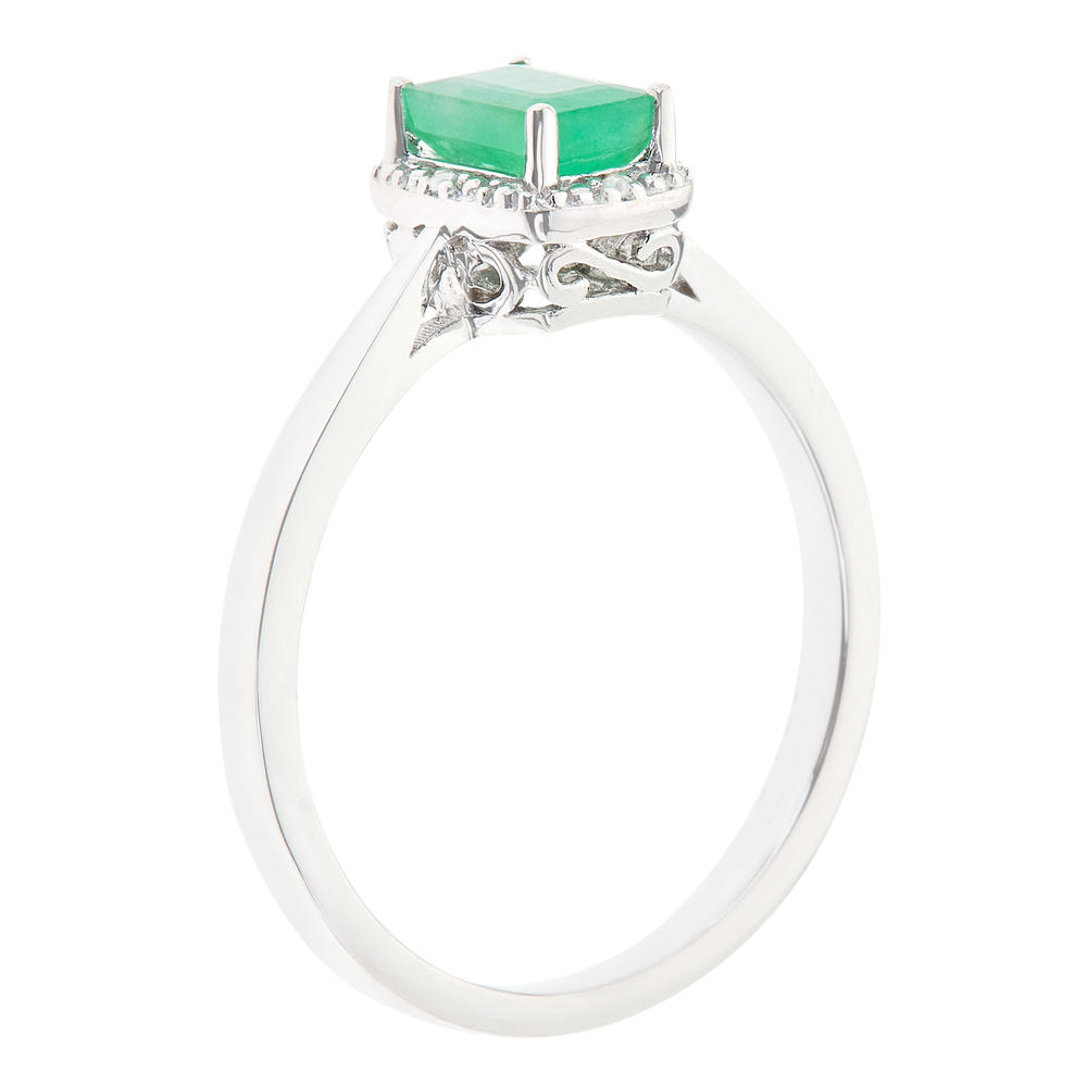 Sterling silver 6x4mm emerald cut emerald with diamond accent ring