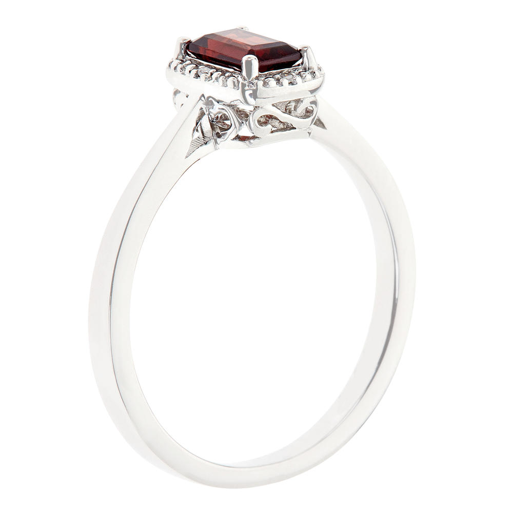 Sterling silver 6x4mm emerald cut garnet with diamond accent ring