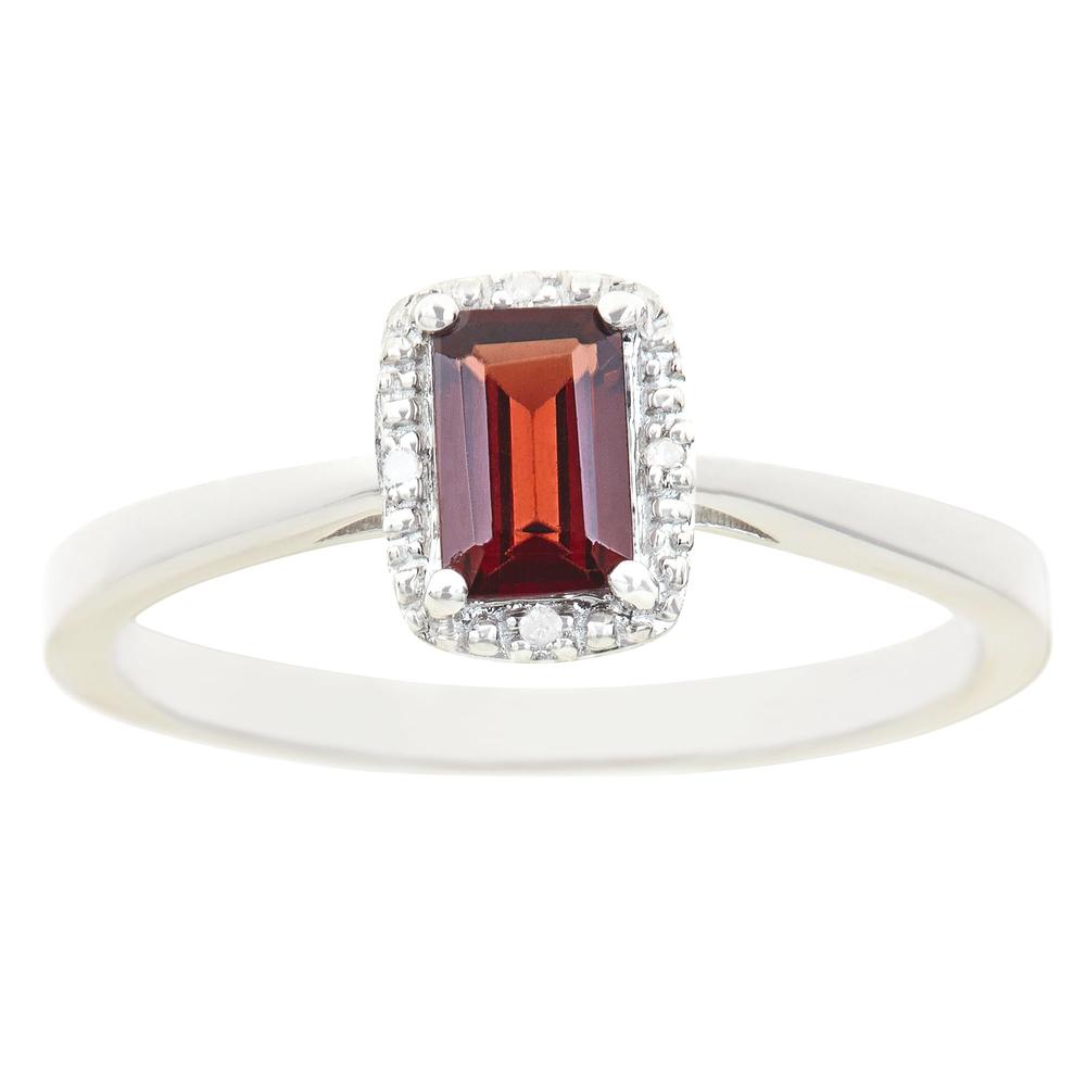 Sterling silver 6x4mm emerald cut garnet with diamond accent ring