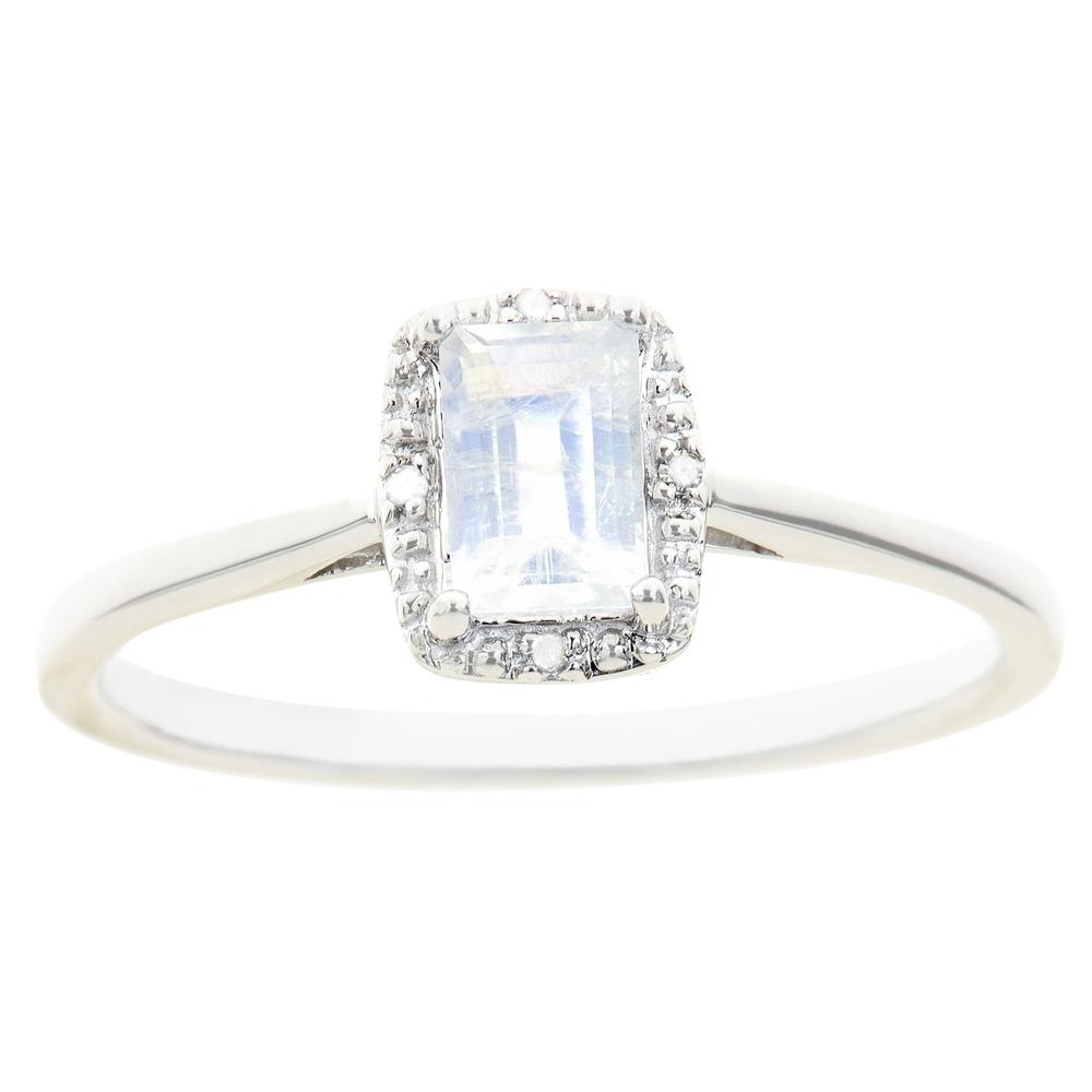 Sterling silver 6x4mm emerald cut moonstone with diamond accent ring