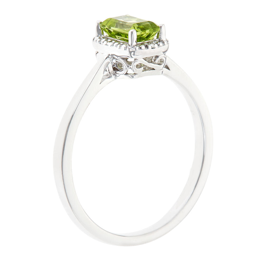 Sterling silver 6x4mm emerald cut peridot with diamond accent ring