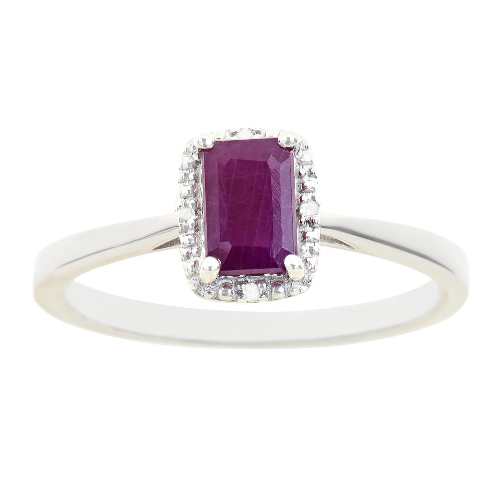 Sterling silver 6x4mm emerald cut ruby with diamond accent ring