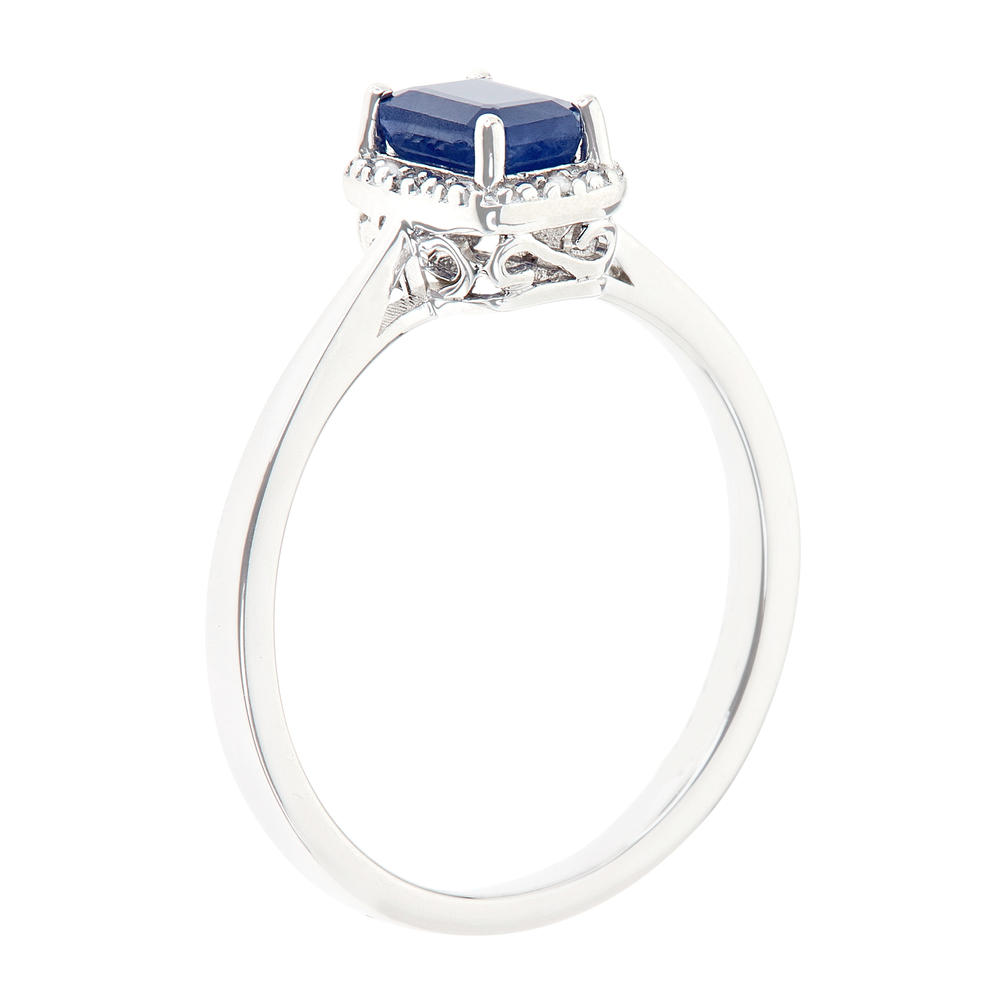 Sterling silver 6x4mm emerald cut sapphire with diamond accent ring
