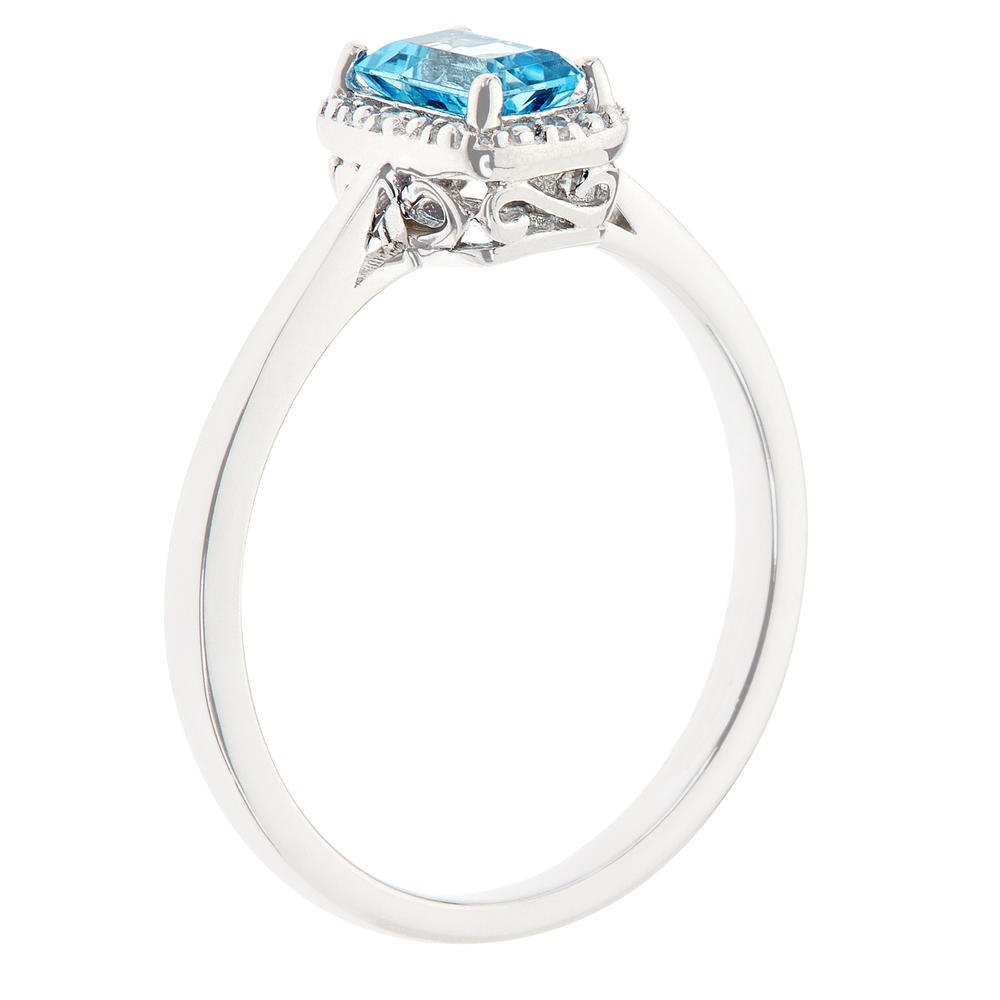 Sterling silver 6x4mm emerald cut blue topaz with diamond accent ring