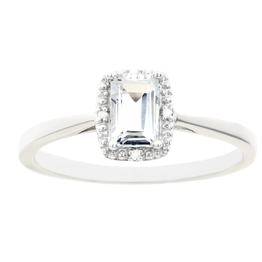 Sterling silver 6x4mm emerald cut white topaz with diamond accent ring