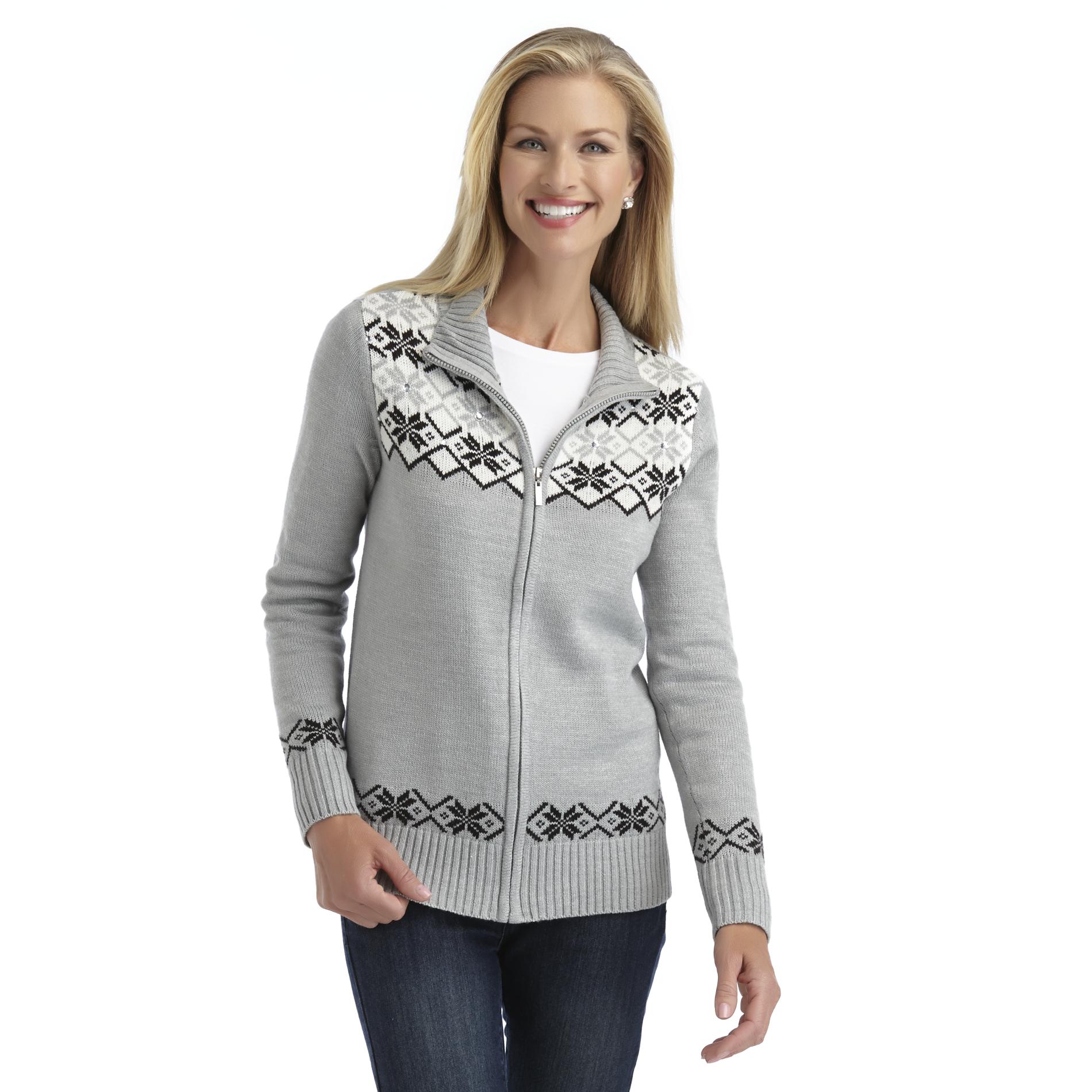 Basic Editions Women's Zip-Front Sweater - Fair Isle
