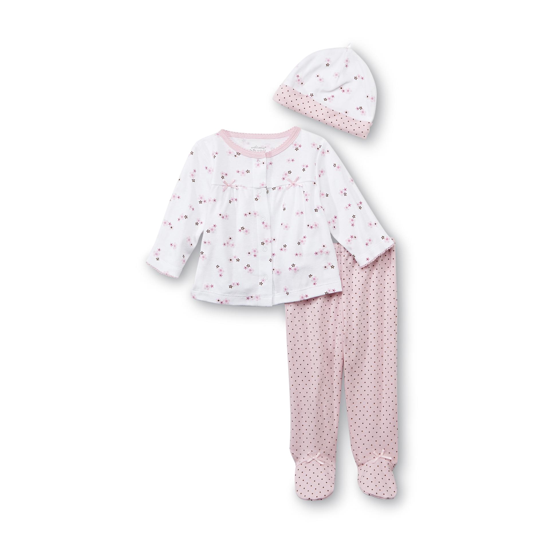 Welcome to the World Newborn Girl's Pajama Top  Footed Pants & Cap