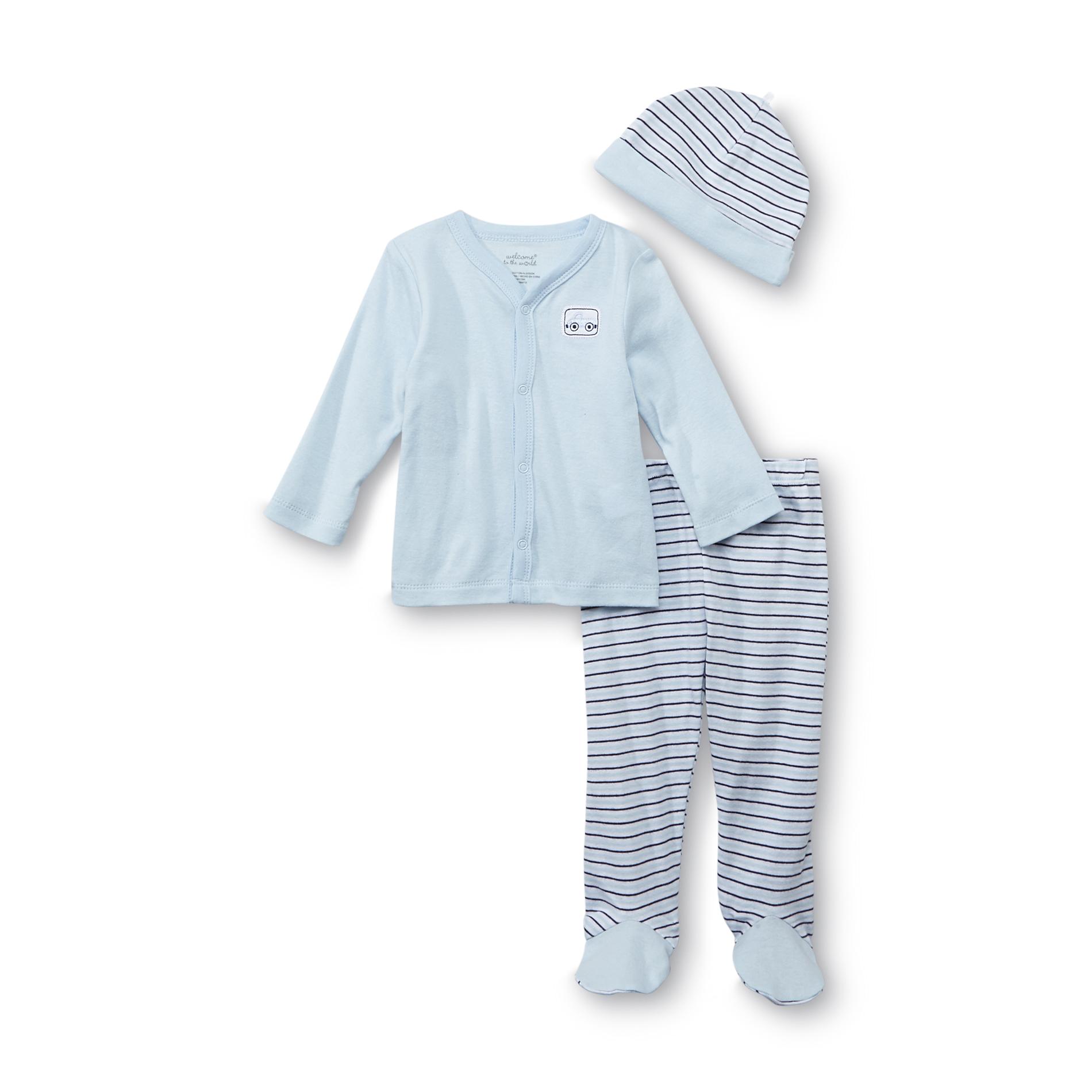 Welcome to the World Newborn Boy's Pajama Top  Footed Pants & Cap