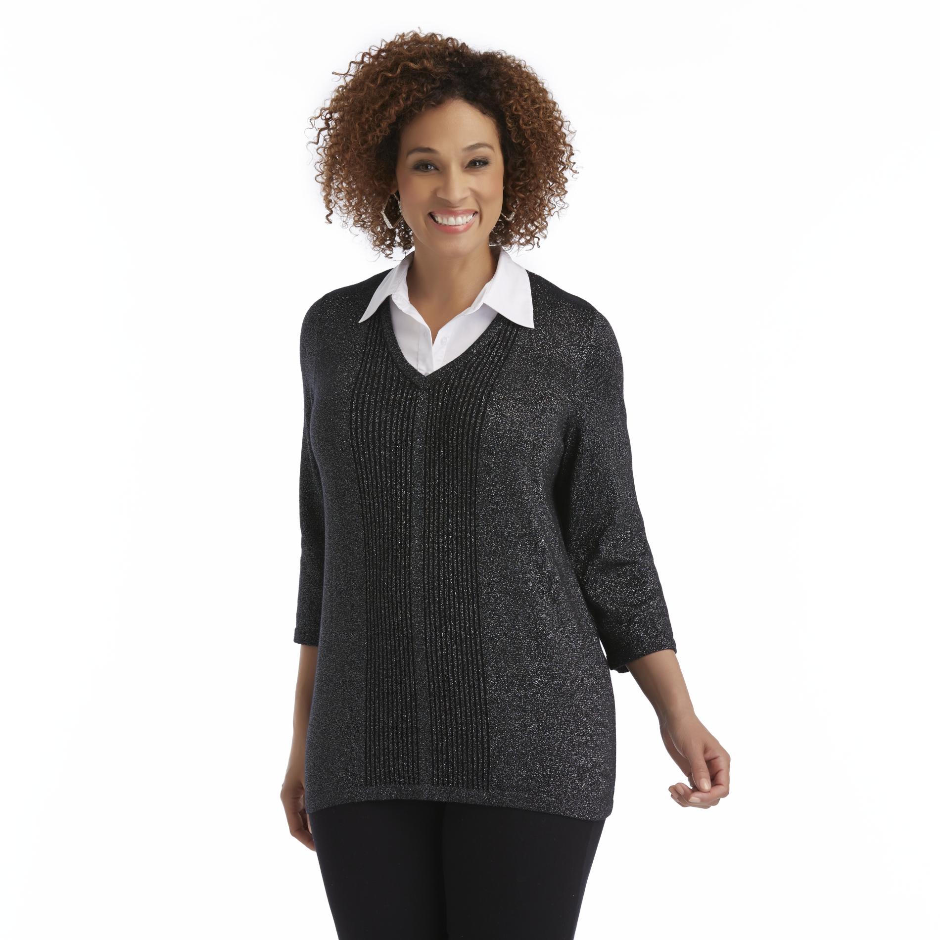 Basic Editions Women's Plus Layered-Look Sweater - Metallic