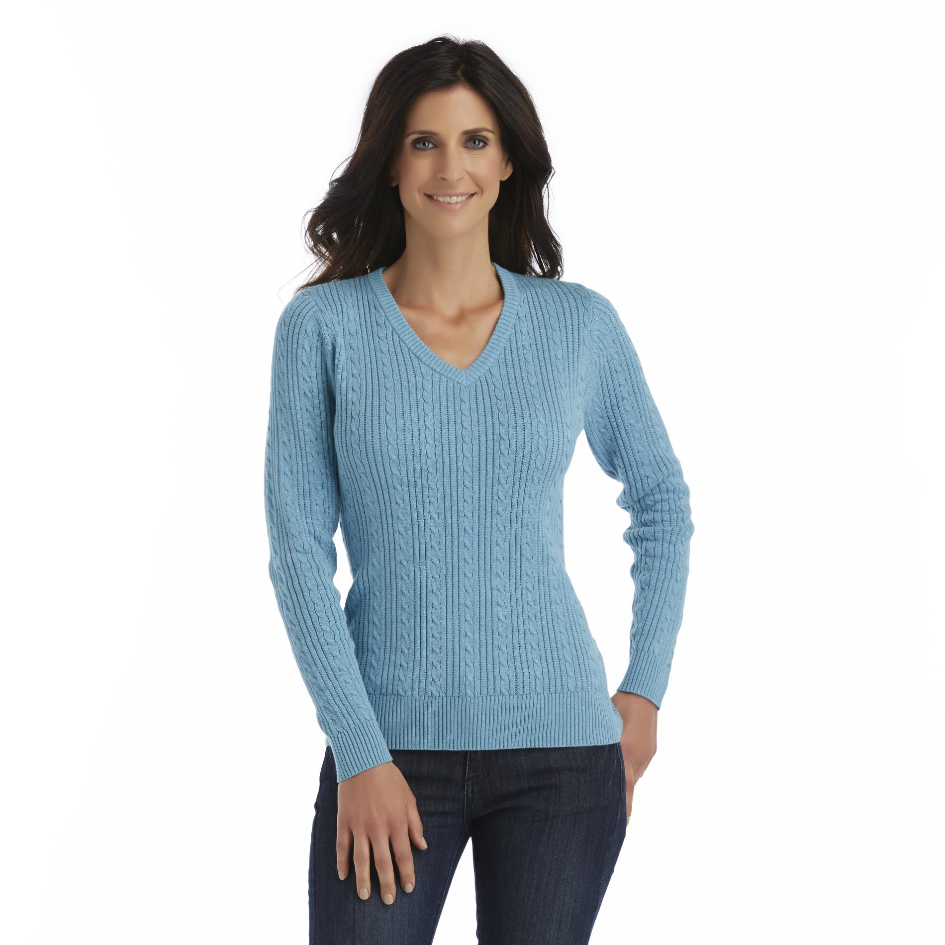 Basic Editions Women's Cable Knit V-Neck Sweater